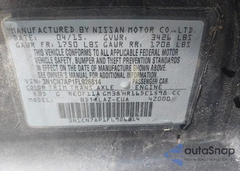 2015 Nissan Versa 1.6 S+ z USA, uszkodzony, nr VIN 3N1CN7AP1FL926814